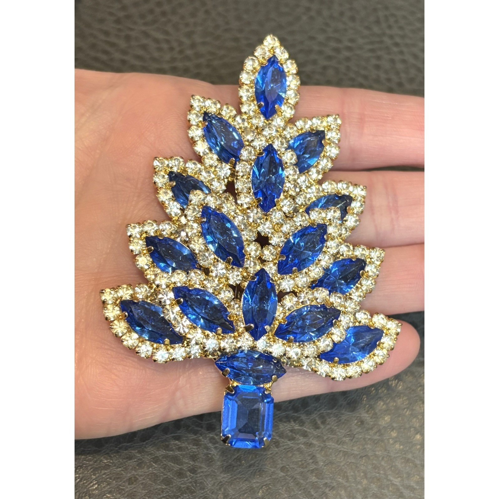 Rare Huge Vasari Vtg Christmas Tree Brooch Montana Royal Blue Rhinestone 3.5"